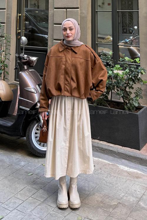 Lamelif Omuz Apoletli Süet Ceket Taba