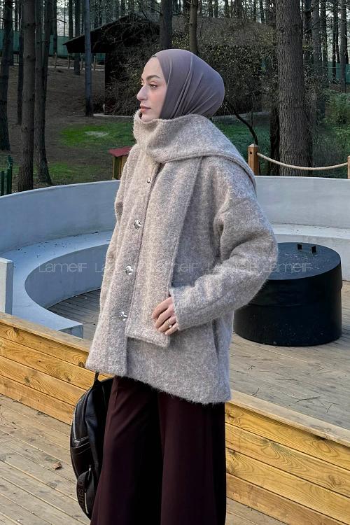 Lamelif Sakal Kumaş Atkılı Kaban Sütlü Kahve