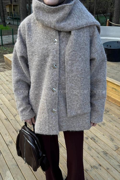 Lamelif Sakal Kumaş Atkılı Kaban Sütlü Kahve