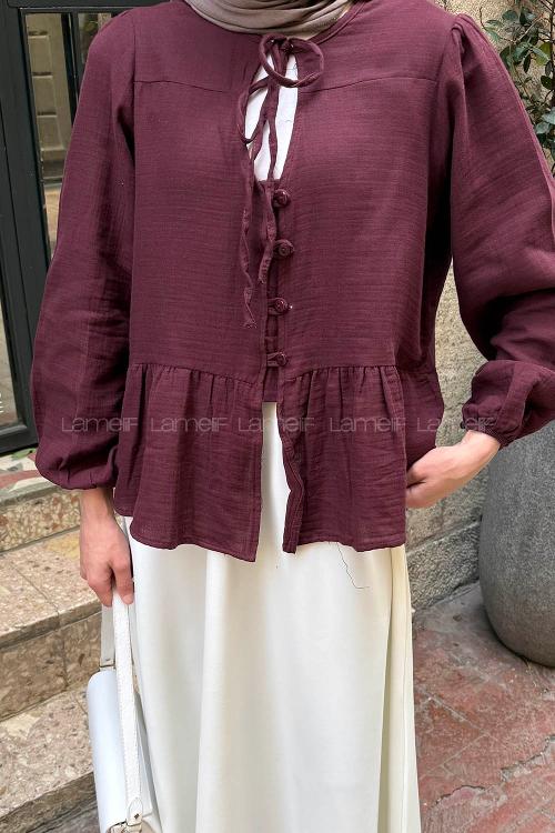 Lamelif V Yaka Kolları Lastikli Müslin Tesettür Gömlek Bordo
