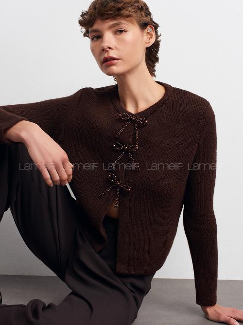 Lamelif Dilvin Fiyonk Detaylı Triko Hırka-Acı Kahve