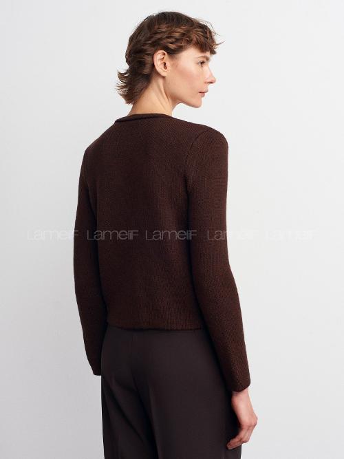 Lamelif Dilvin Fiyonk Detaylı Triko Hırka-Acı Kahve