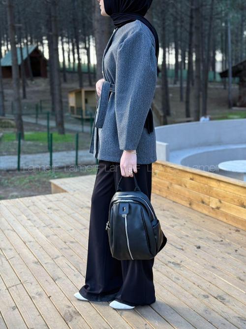 Lamelif Gümüş Fermuarlı Suni Deri Sırt Çantası