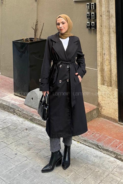Lamelif Apoletli Klasik Kuşaklı Trençkot Siyah