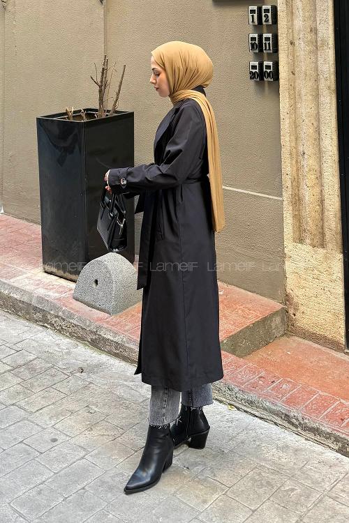 Lamelif Apoletli Klasik Kuşaklı Trençkot Siyah