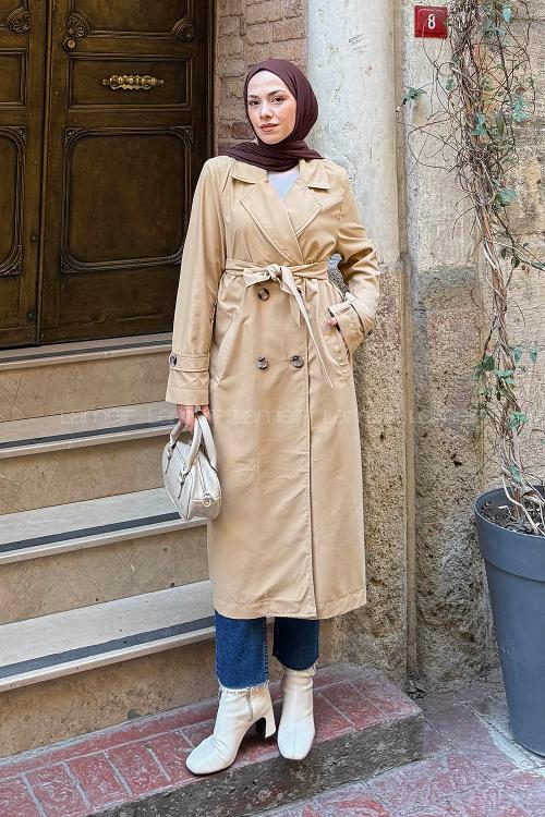 Lamelif Apoletli Klasik Kuşaklı Trençkot Sütlü Kahve
