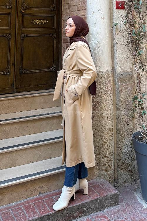 Lamelif Apoletli Klasik Kuşaklı Trençkot Sütlü Kahve