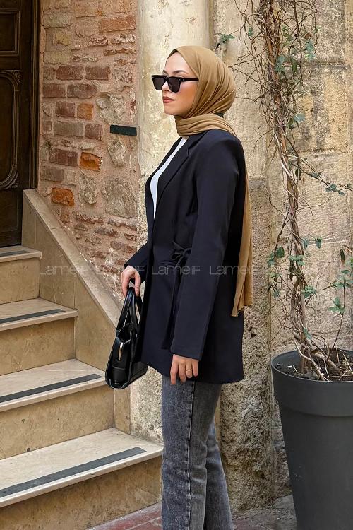 Lamelif Bağlama Detaylı Ceket Siyah
