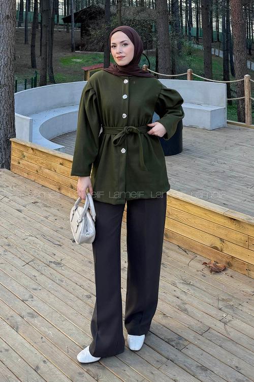 Lamelif Bel Lastikli Bağlama Detaylı Ceket Haki