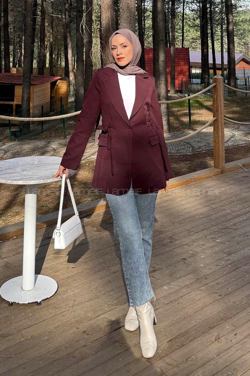 Lamelif Çift Kuşaklı Ceket Bordo