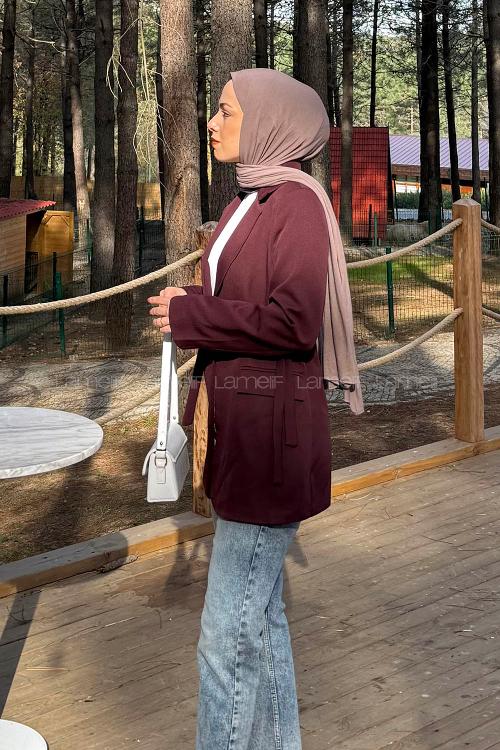 Lamelif Çift Kuşaklı Ceket Bordo