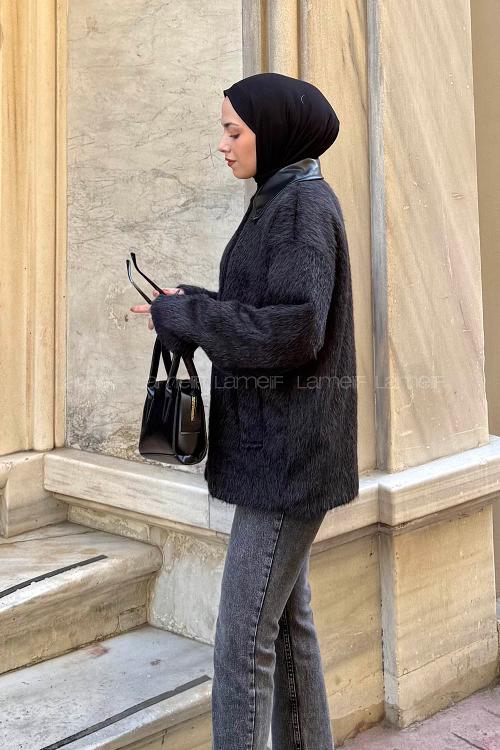 Lamelif Deri Yaka Mont Siyah