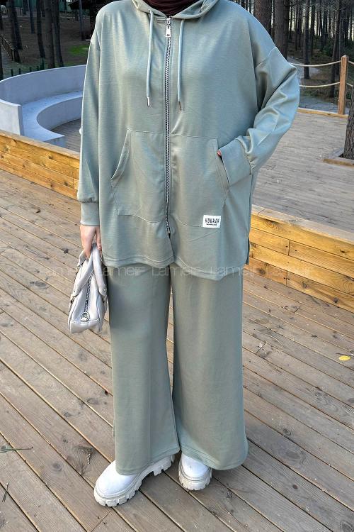 Plum Green Hood Neck Long Arm Cotton Regular Trousers Comfortable Suit