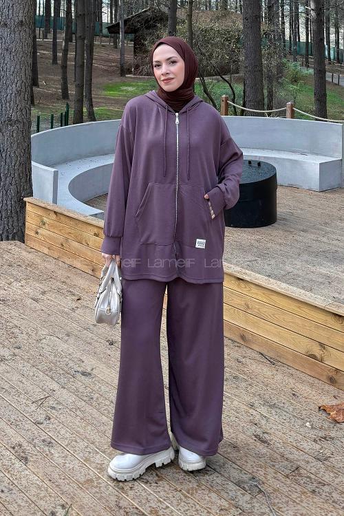 Lamelif Fermuarlı Kapüşonlu Oysho Takım Kahverengi