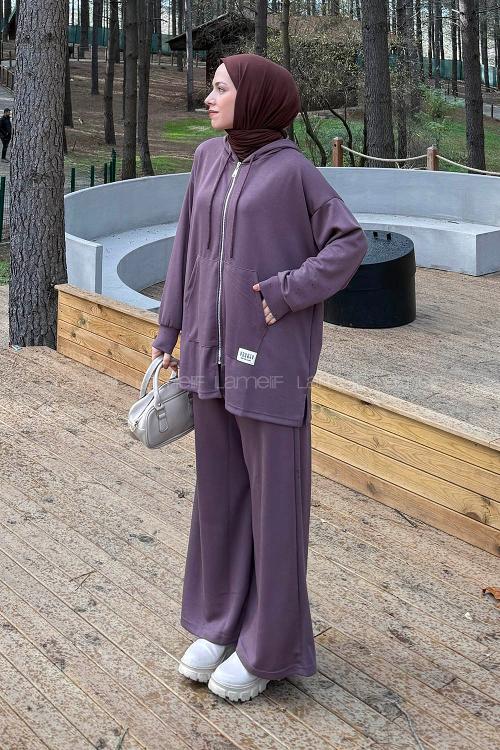 Lamelif Fermuarlı Kapüşonlu Oysho Takım Kahverengi