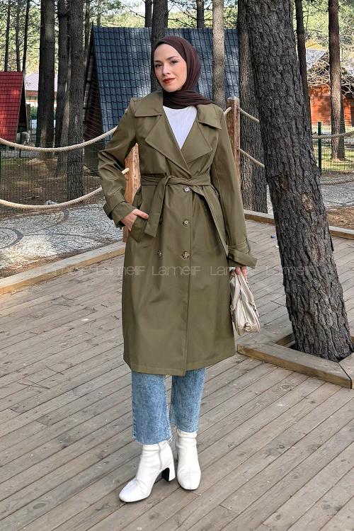 Lamelif Klasik Kuşaklı Trenç Koyu Yeşil