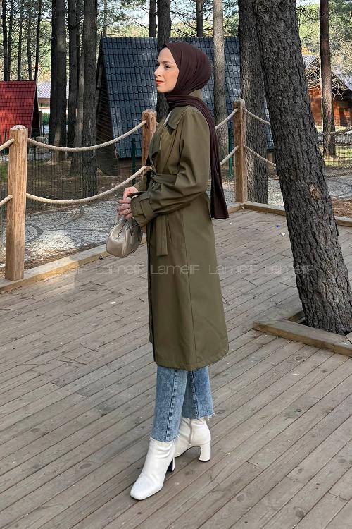 Lamelif Klasik Kuşaklı Trenç Koyu Yeşil