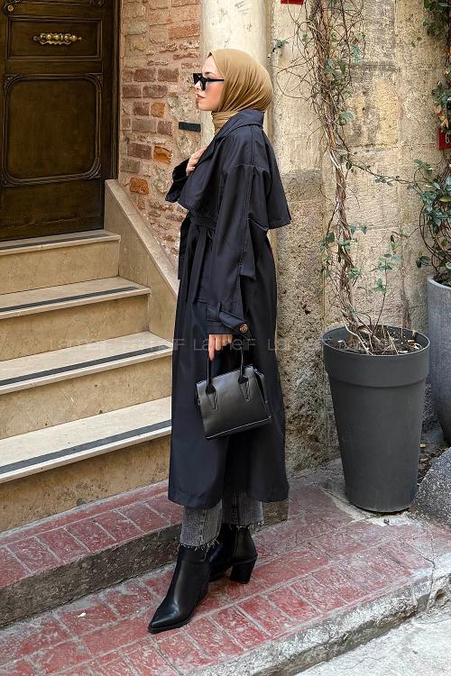 Lamelif Kruvaze Oversize Trenç Siyah