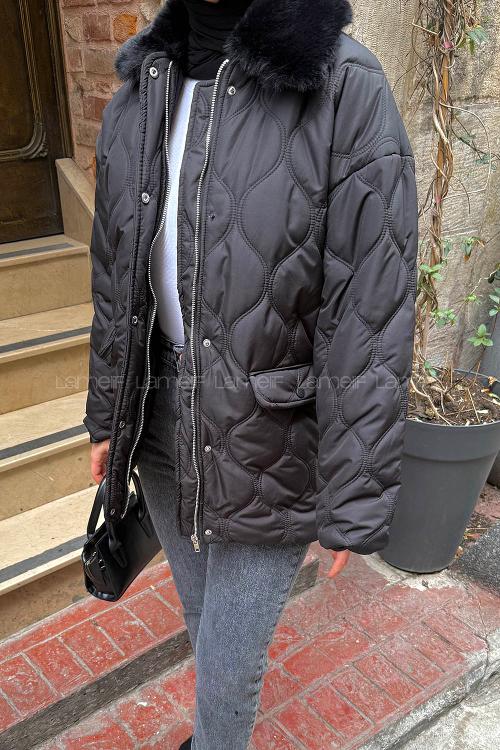 Lamelif Kürk Yaka Şişme Mont Siyah