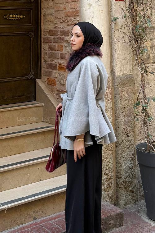 Lamelif Kürk Yakalı Panço Gri