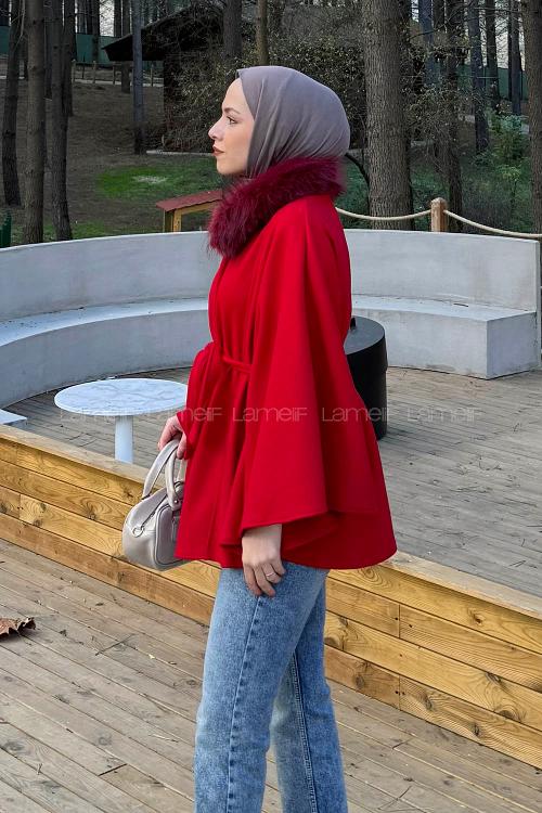 Lamelif Kürk Yakalı Panço Nar Çiçeği