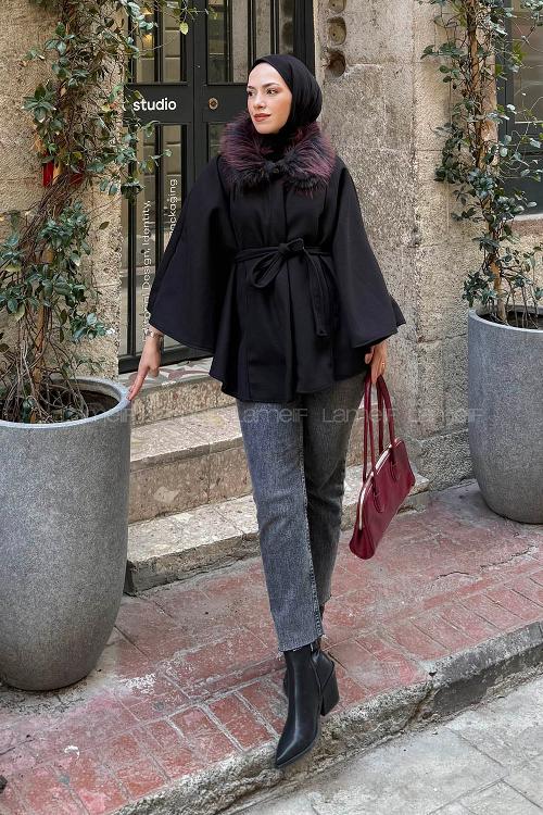Lamelif Kürk Yakalı Panço Siyah