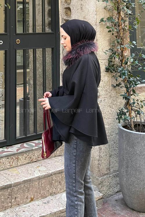 Lamelif Kürk Yakalı Panço Siyah