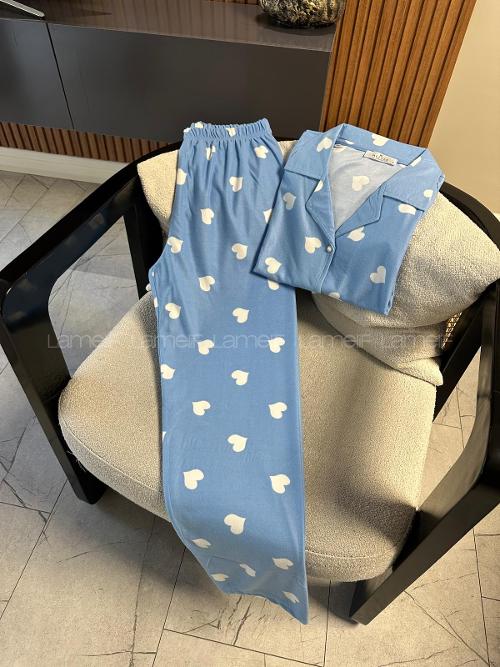 Lamelif Mavi Kalp Desenli Pijama Takımı