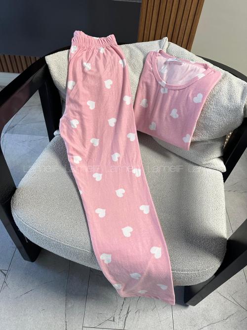 Lamelif Pembe Kalp Detaylı Pijama Takımı