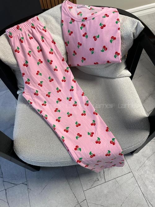 Lamelif Pembe Kiraz Detaylı Pijama Takımı