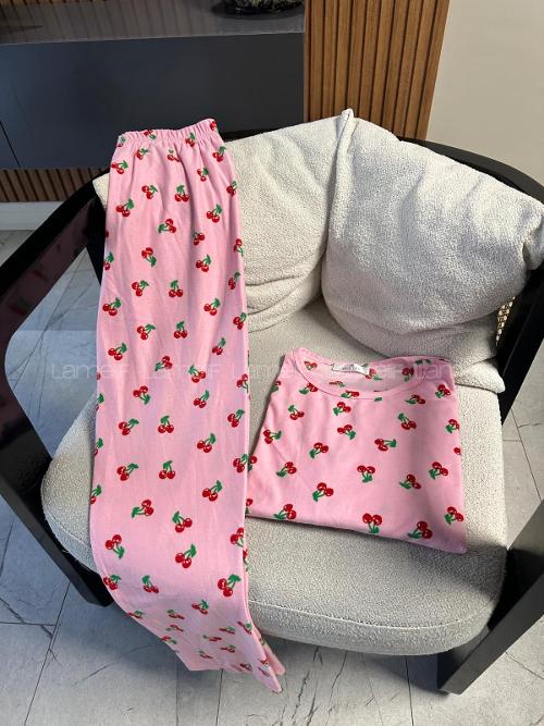 Lamelif Pembe Kiraz Detaylı Pijama Takımı