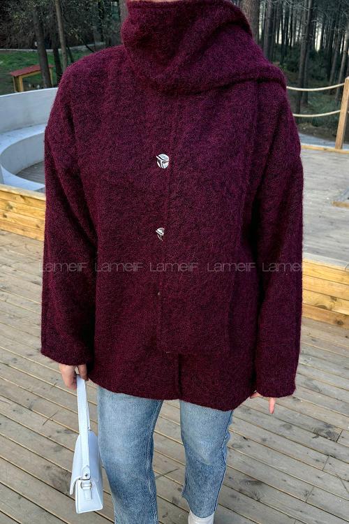 Lamelif Sakal Kumaş Atkılı Kaban Bordo