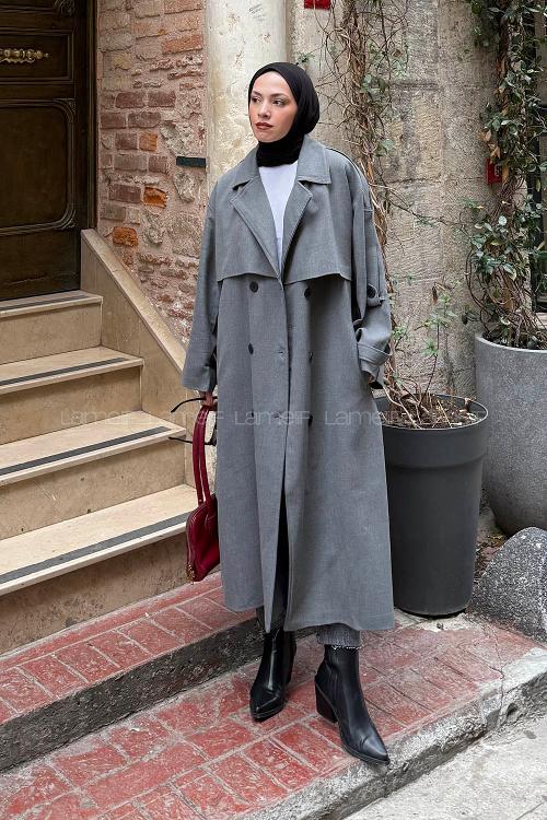 Lamelif Uzun Apoletli Trenç Füme