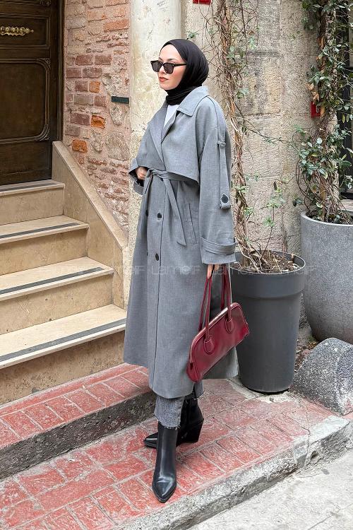 Lamelif Uzun Apoletli Trenç Füme