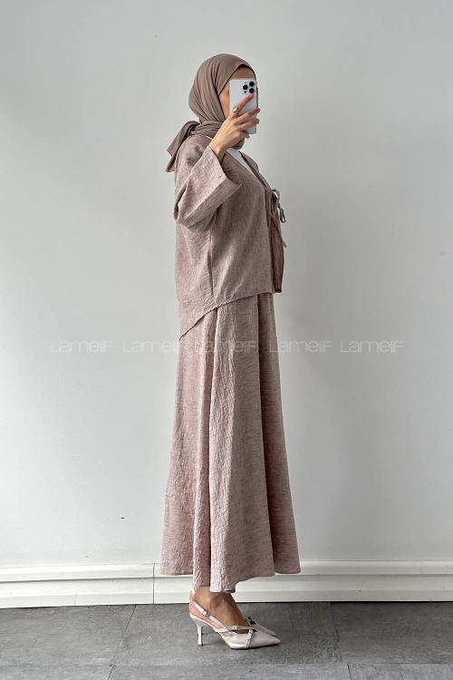 Lamelif Bağlama Detaylı Etekli Tesettür Takım Kahve