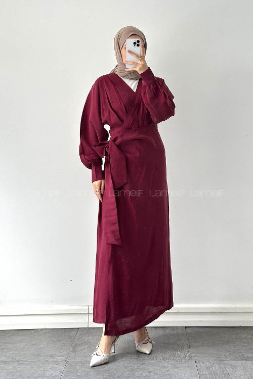 Lamelif Bağlama Detaylı Tesettür Elbise Bordo