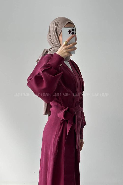 Lamelif Bağlama Detaylı Tesettür Elbise Bordo