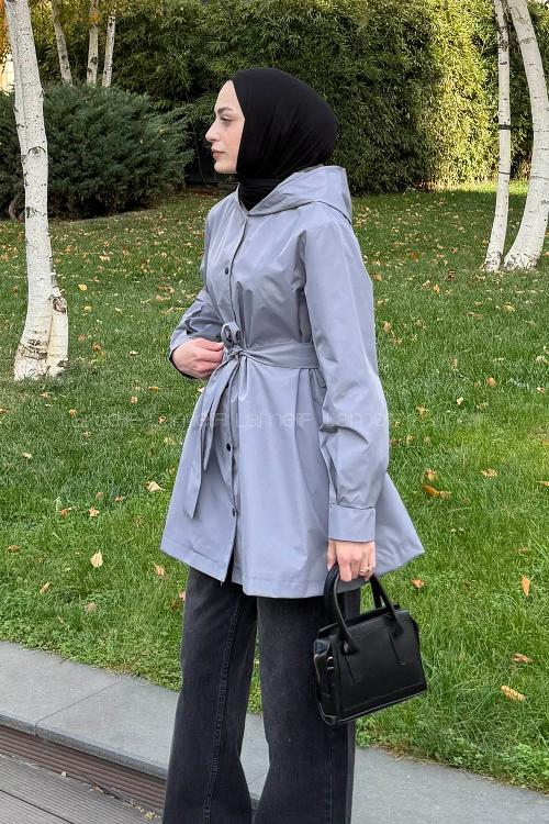 Lamelif Bağlama Detaylı Yağmurluk Gri
