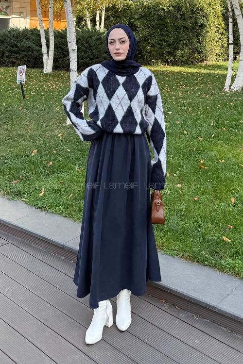 Lamelif Baklava Desen Triko Kazak Gri-Lacivert