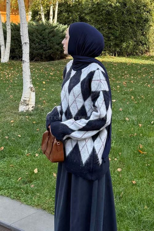 Lamelif Baklava Desen Triko Kazak Gri-Lacivert