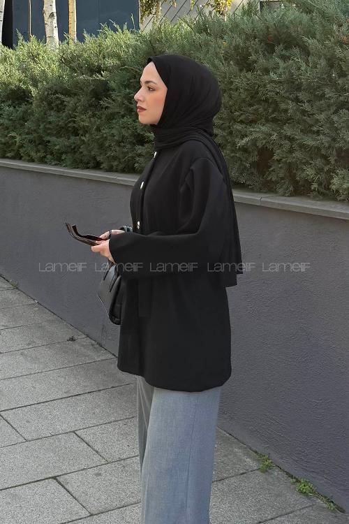 Lamelif Bel Lastikli Bağlama Detaylı Ceket Siyah