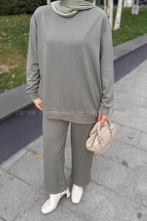 Lamelif Bisiklet Yaka Taş Detaylı Takım Haki