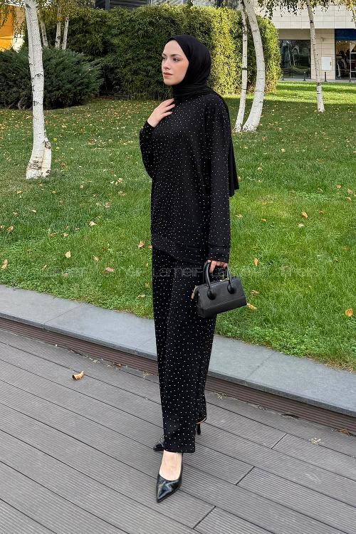 Black Crew Neck Long Arm Cotton Regular Trousers Comfortable Suit