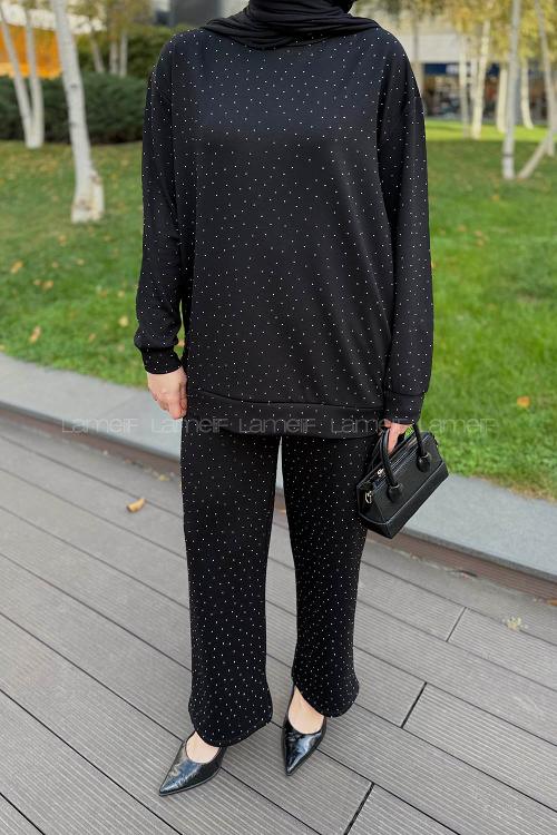 Black Crew Neck Long Arm Cotton Regular Trousers Comfortable Suit