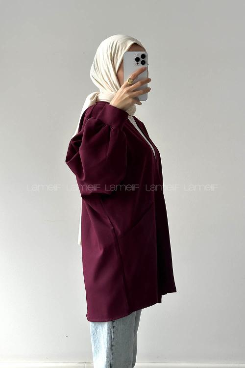 Lamelif Cep Detaylı Atlas Kimono Bordo