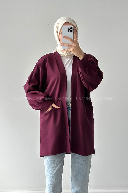 Lamelif Cep Detaylı Atlas Kimono Bordo