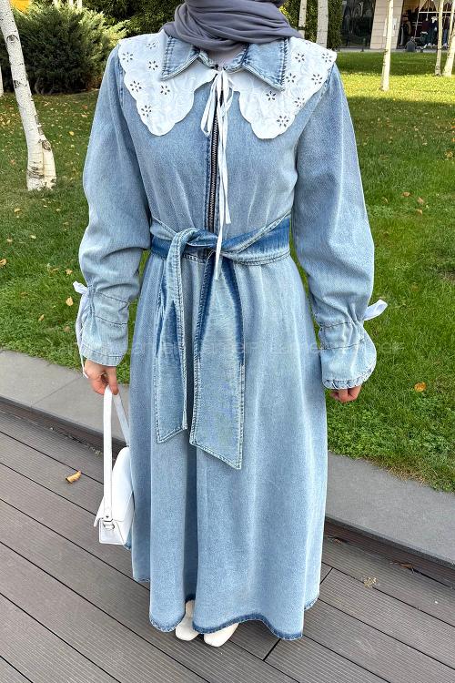 Lamelif Dantel Yaka Kot Elbise Buz Mavisi