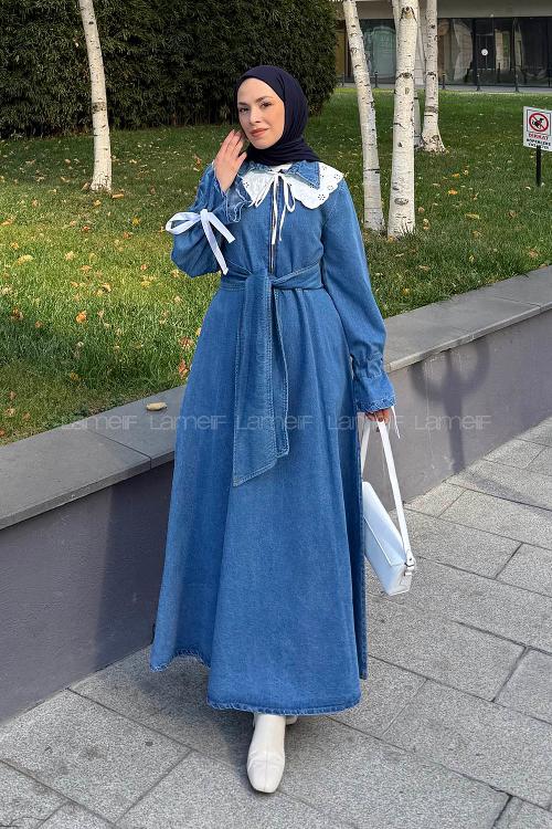 Lamelif Dantel Yaka Kot Elbise Kot Mavisi