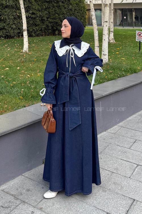 Lamelif Dantel Yaka Kot Elbise Koyu Mavi