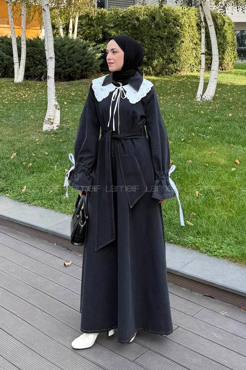 Lamelif Dantel Yaka Kot Elbise Siyah